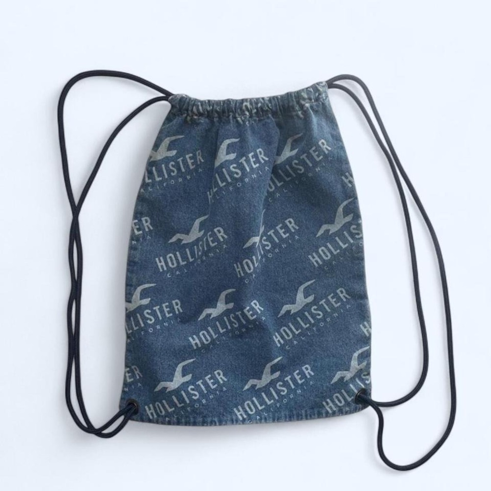 Hollister blue denim‎ drawstring logo bag